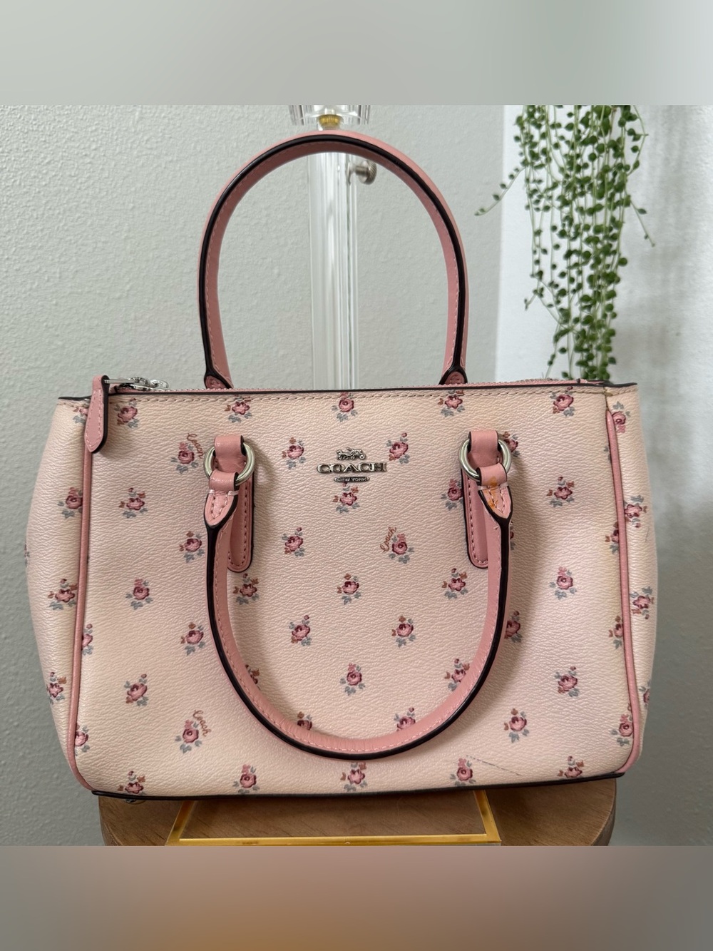 Coach Pink Floral Mini Surrey Carryall with Top Handles and crossbody strap - Picture 3 of 10